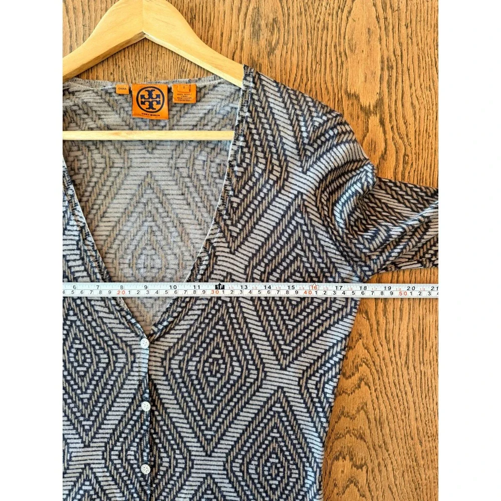 Tory Burch Wool Cardigan Small Gray‎ Tan Geometric Diamond Button Up Sweater